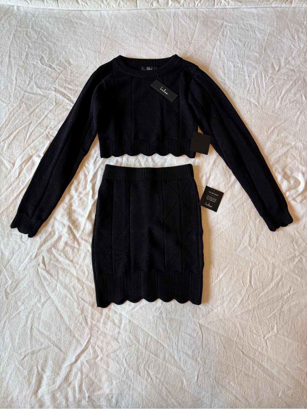 Lulus Black Knit Two Piece Crop Top Mini Skirt Set XS NWT